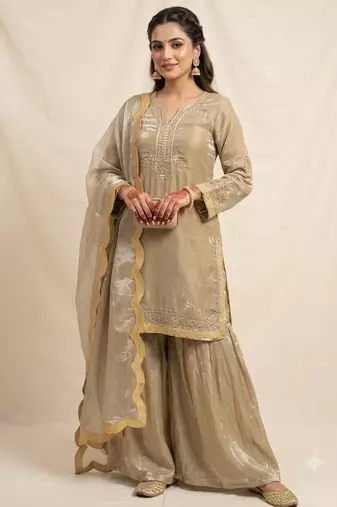 Gold silk blend embroidered palazzo set