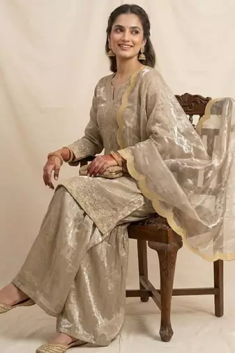 Gold silk blend embroidered palazzo set