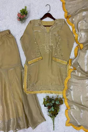 Gold silk blend embroidered palazzo set
