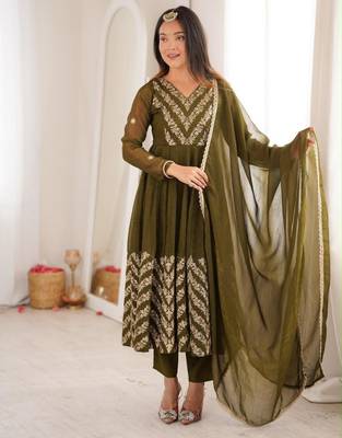 Olive silk blend embroidered flared gown set 1