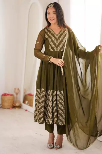 Olive silk blend embroidered flared gown set
