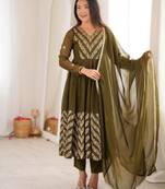 Olive silk blend embroidered flared gown set