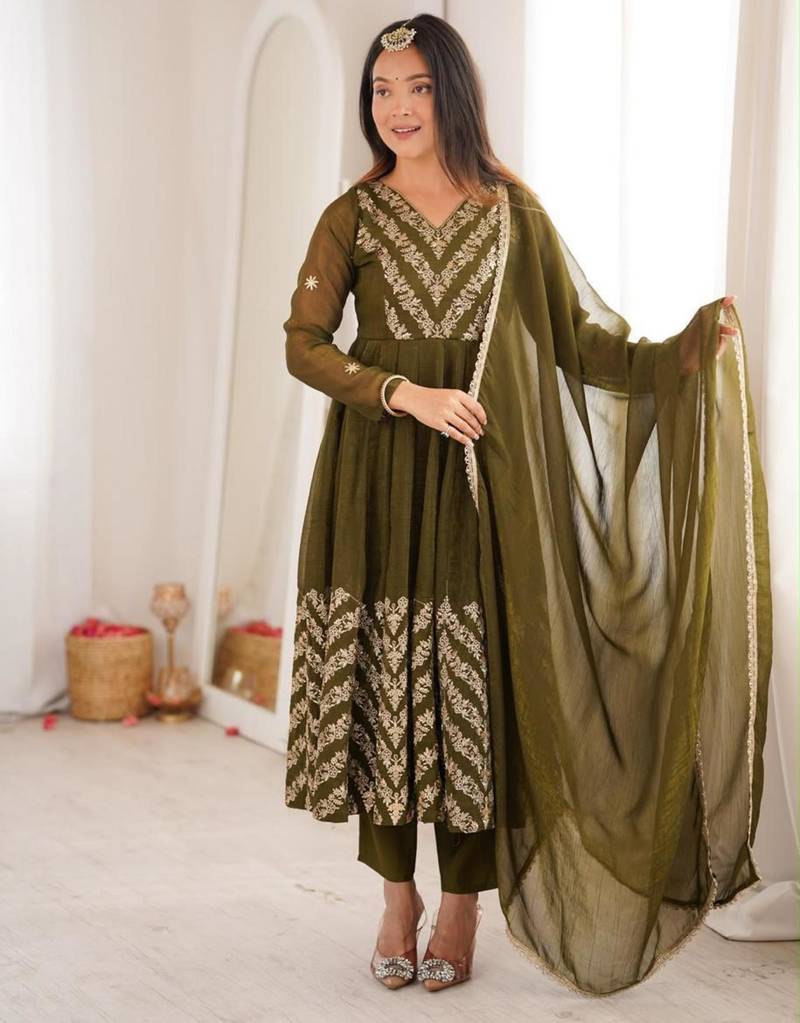 Olive silk blend embroidered flared gown set