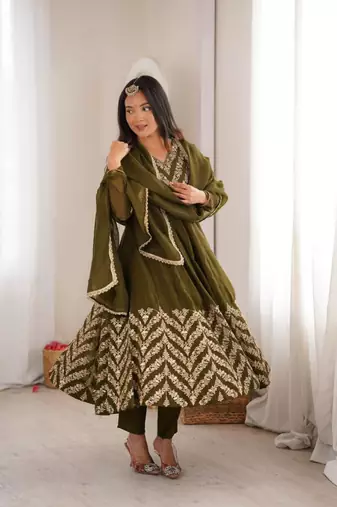 Olive silk blend embroidered flared gown set