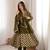 Olive silk blend embroidered flared gown set