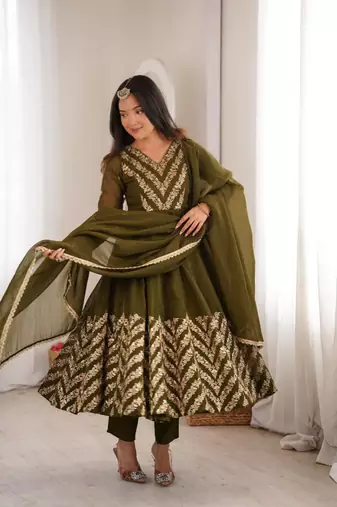 Olive silk blend embroidered flared gown set