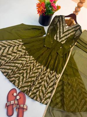 Olive silk blend embroidered flared gown set 4