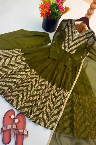 Olive silk blend embroidered flared gown set