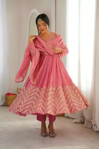 Pink silk blend embroidered flared gown set