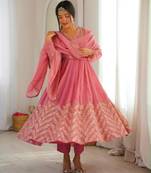 Pink silk blend embroidered flared gown set
