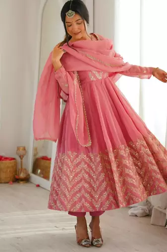 Pink silk blend embroidered flared gown set
