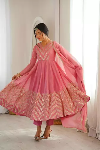 Pink silk blend embroidered flared gown set