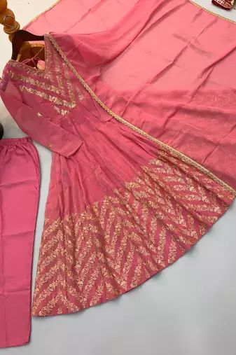 Pink silk blend embroidered flared gown set