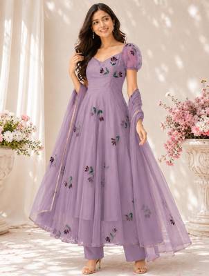 Lavender georgette printed anarkali set 1