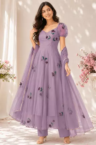 Lavender georgette printed anarkali set
