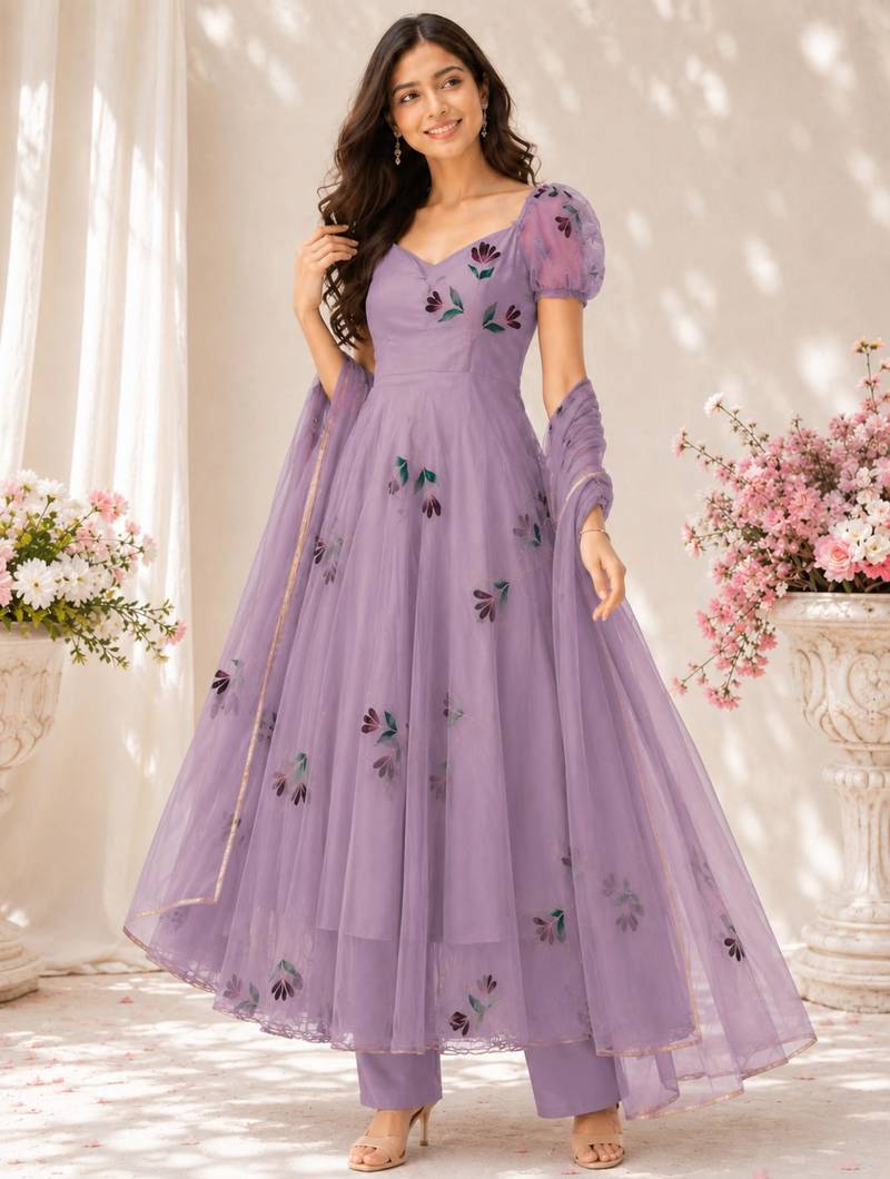 Lavender georgette printed anarkali set