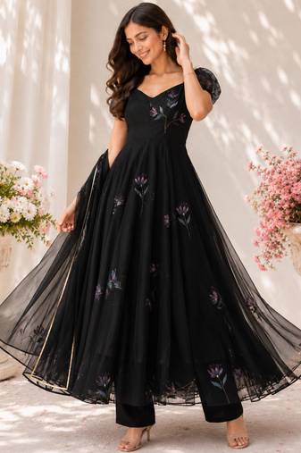 Black georgette printed anarkali set