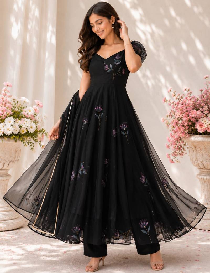 Black georgette printed anarkali set