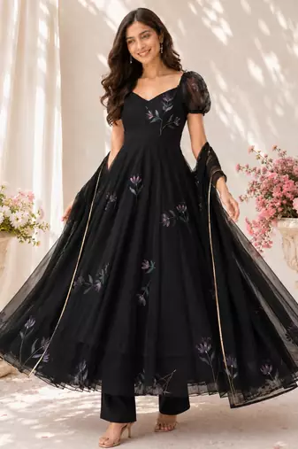 Black georgette printed anarkali set