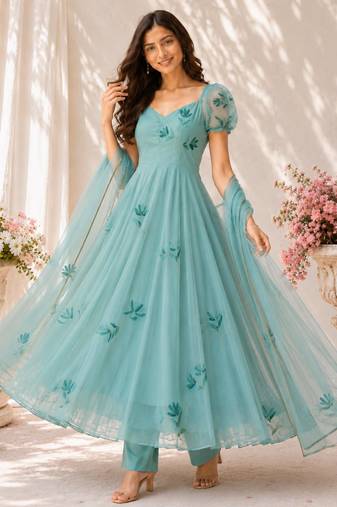 Turquoise georgette printed anarkali set