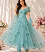 Turquoise georgette printed anarkali set