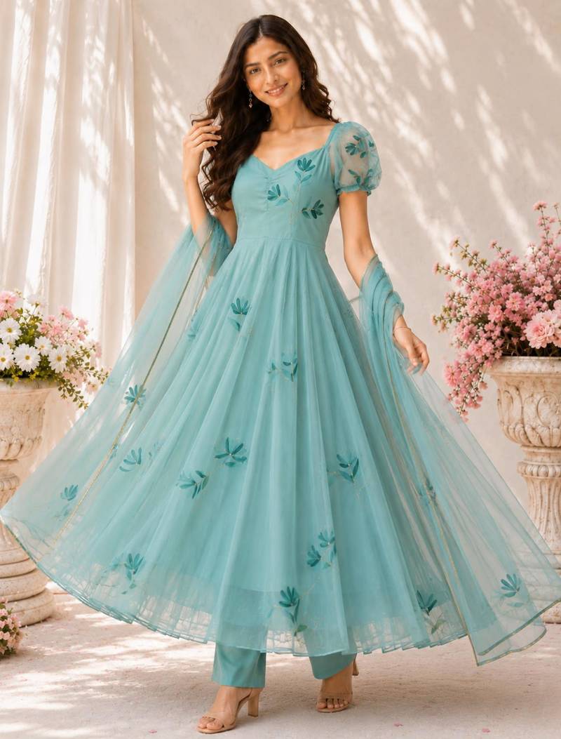 Turquoise georgette printed anarkali set