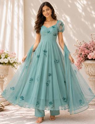 Turquoise georgette printed anarkali set 2