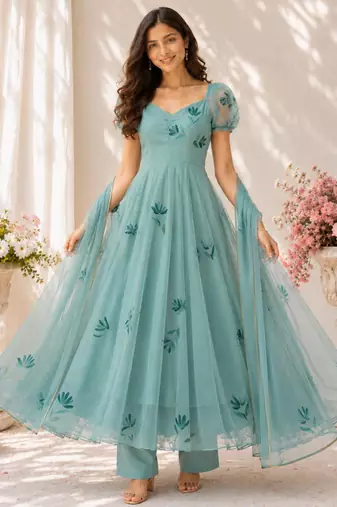 Turquoise georgette printed anarkali set