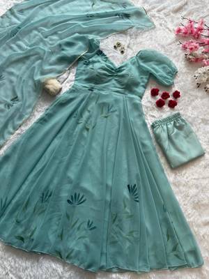 Turquoise georgette printed anarkali set 3