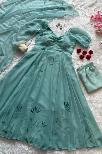 Turquoise georgette printed anarkali set