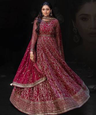 Red faux georgette embroidered flared gown set 1
