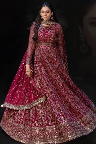 Red faux georgette embroidered flared gown set