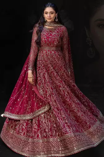 Red faux georgette embroidered flared gown set