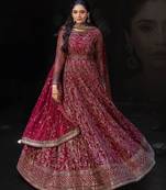 Red faux georgette embroidered flared gown set