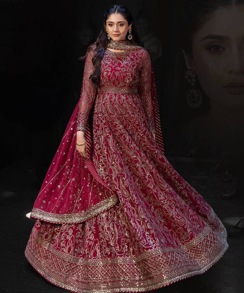 Red faux georgette embroidered flared gown set