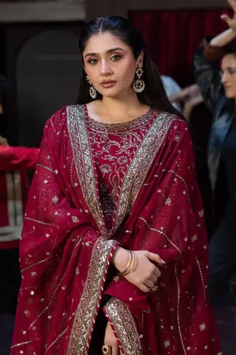 Red faux georgette embroidered flared gown set