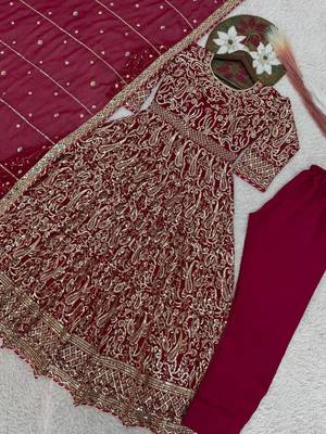 Red faux georgette embroidered flared gown set 4