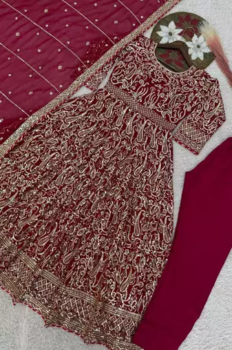 Red faux georgette embroidered flared gown set