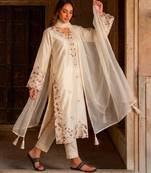 Cream silk blend embroidered kurta set