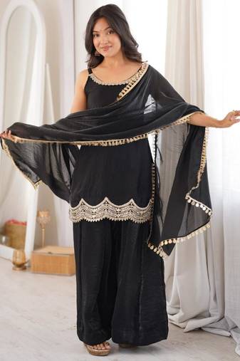 Black silk blend embroidered sharara set