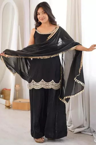 Black silk blend embroidered sharara set