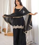Black silk blend embroidered sharara set