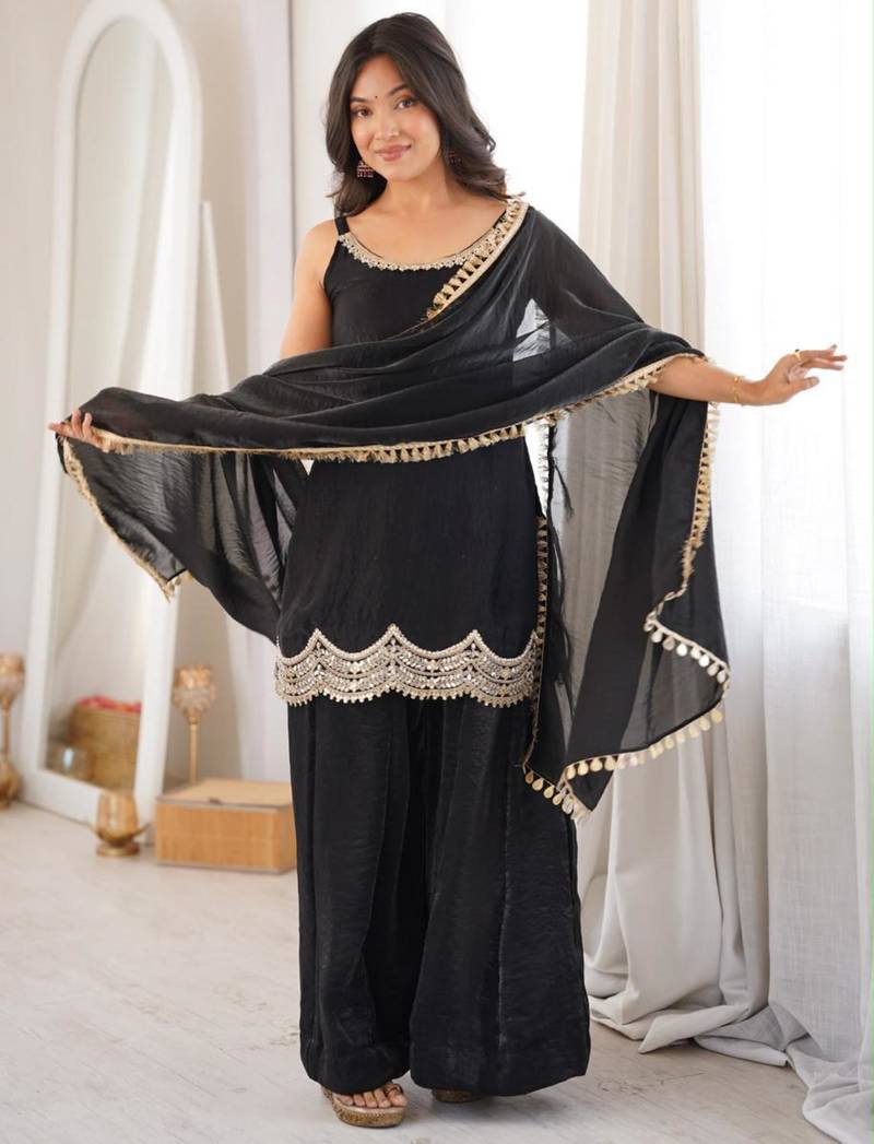 Black silk blend embroidered sharara set