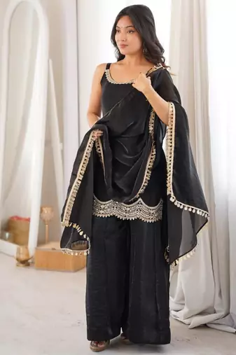 Black silk blend embroidered sharara set