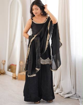 Black silk blend embroidered sharara set 3
