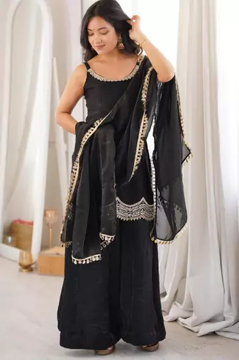 Black silk blend embroidered sharara set