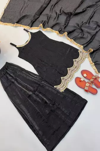 Black silk blend embroidered sharara set