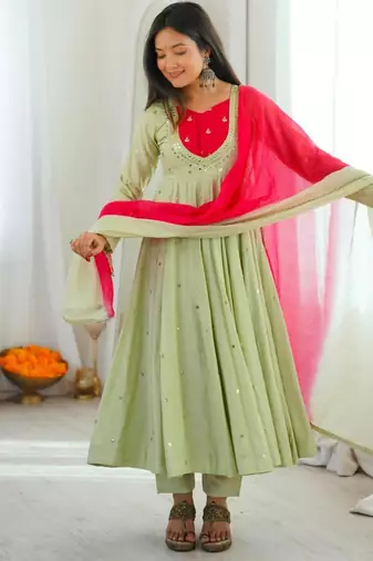 Green silk blend embroidered flared gown set