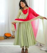 Green silk blend embroidered flared gown set
