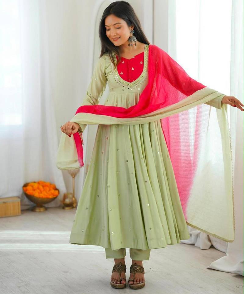 Green silk blend embroidered flared gown set